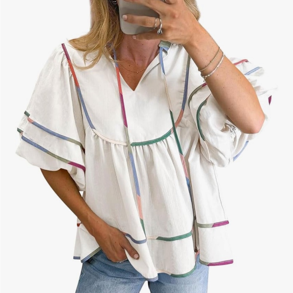 White blouse with colorful trim